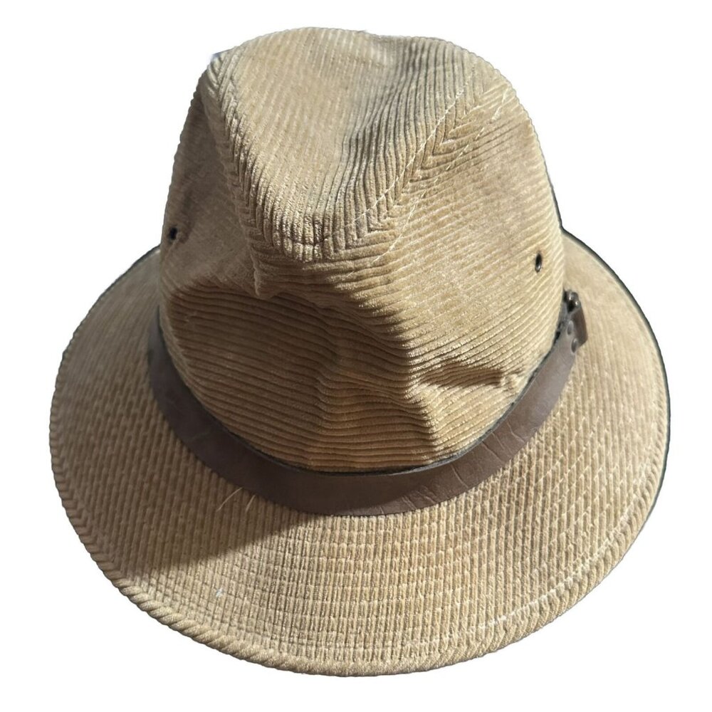 Vintage Corduroy Fedora Tan Hat 7-7 1/8 With Leather Buckled Detail Hat USA Made